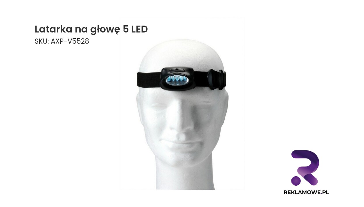 Latarka na głowę 5 LED Latarka na głowę 5 LED – wygodna czołówka LED do oświetlenia podczas pracy i aktywności na zewnątrz